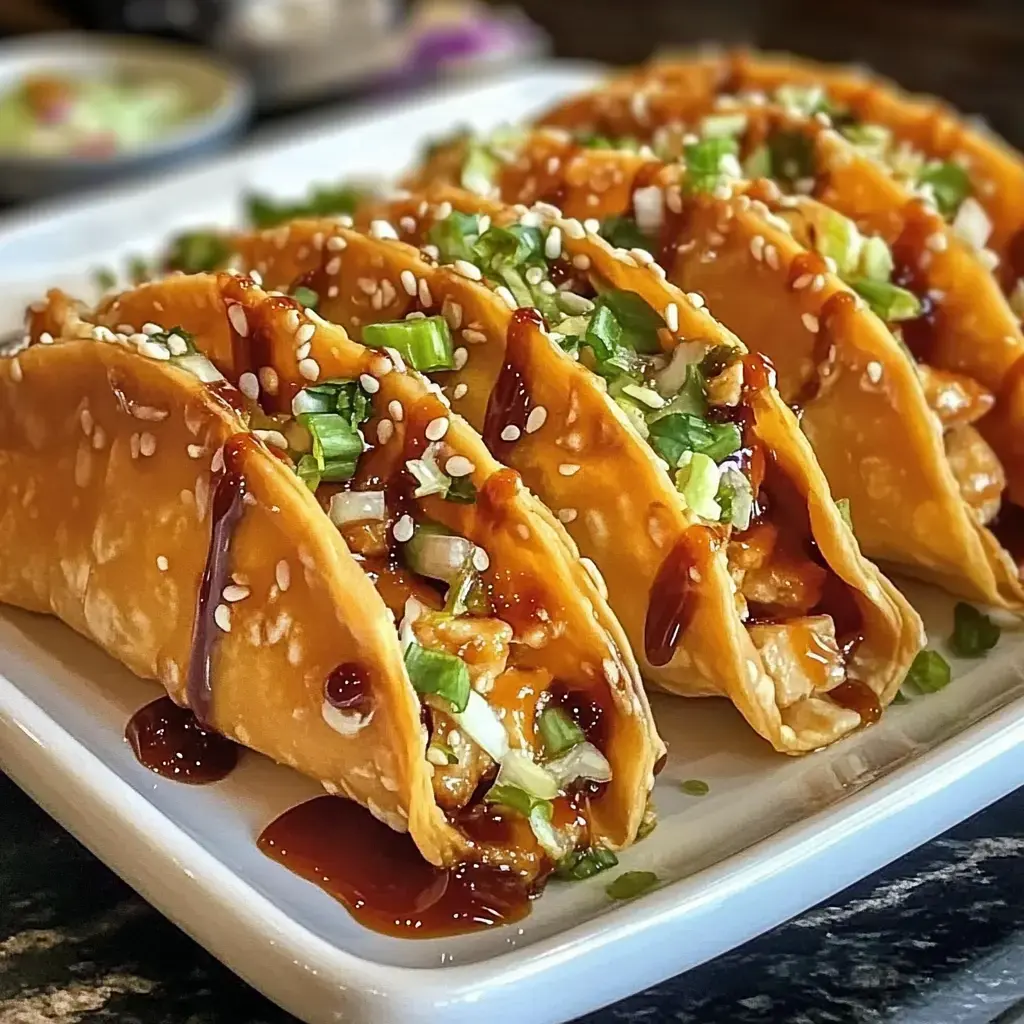 Eine Platte mit vier knusprigen Tacos, gefüllt mit Fleisch, garniert mit Frühlingszwiebeln, Sesam und etwas Sauce.