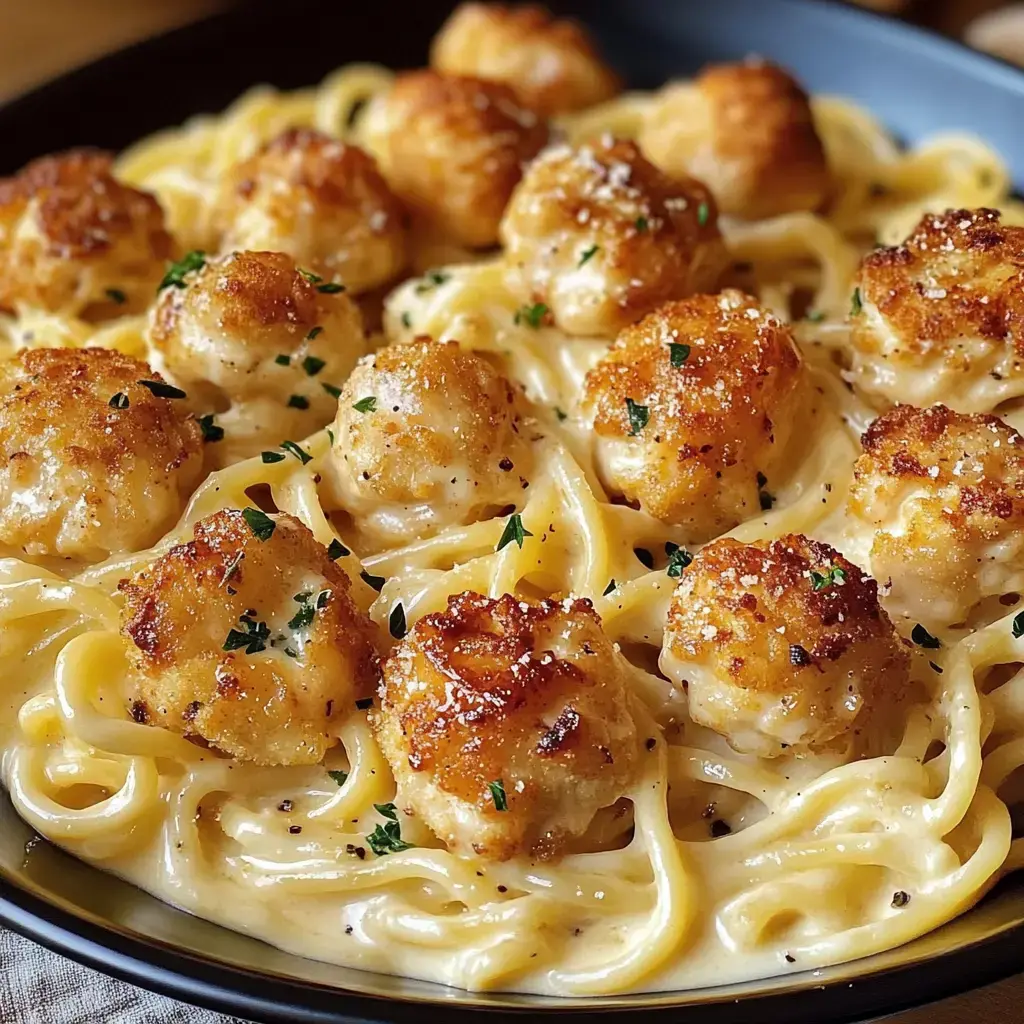 Nahaufnahme von cremiger Fettuccine mit goldbraunen, knusprigen Jakobsmuscheln und frischen Kräutern bestreut.