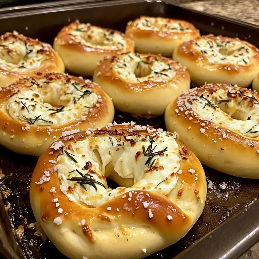 Nahaufnahme von knusprig gebackenen, goldgelben Bagels mit cremigem Käse, Meersalz und grünen Kräutern garniert.