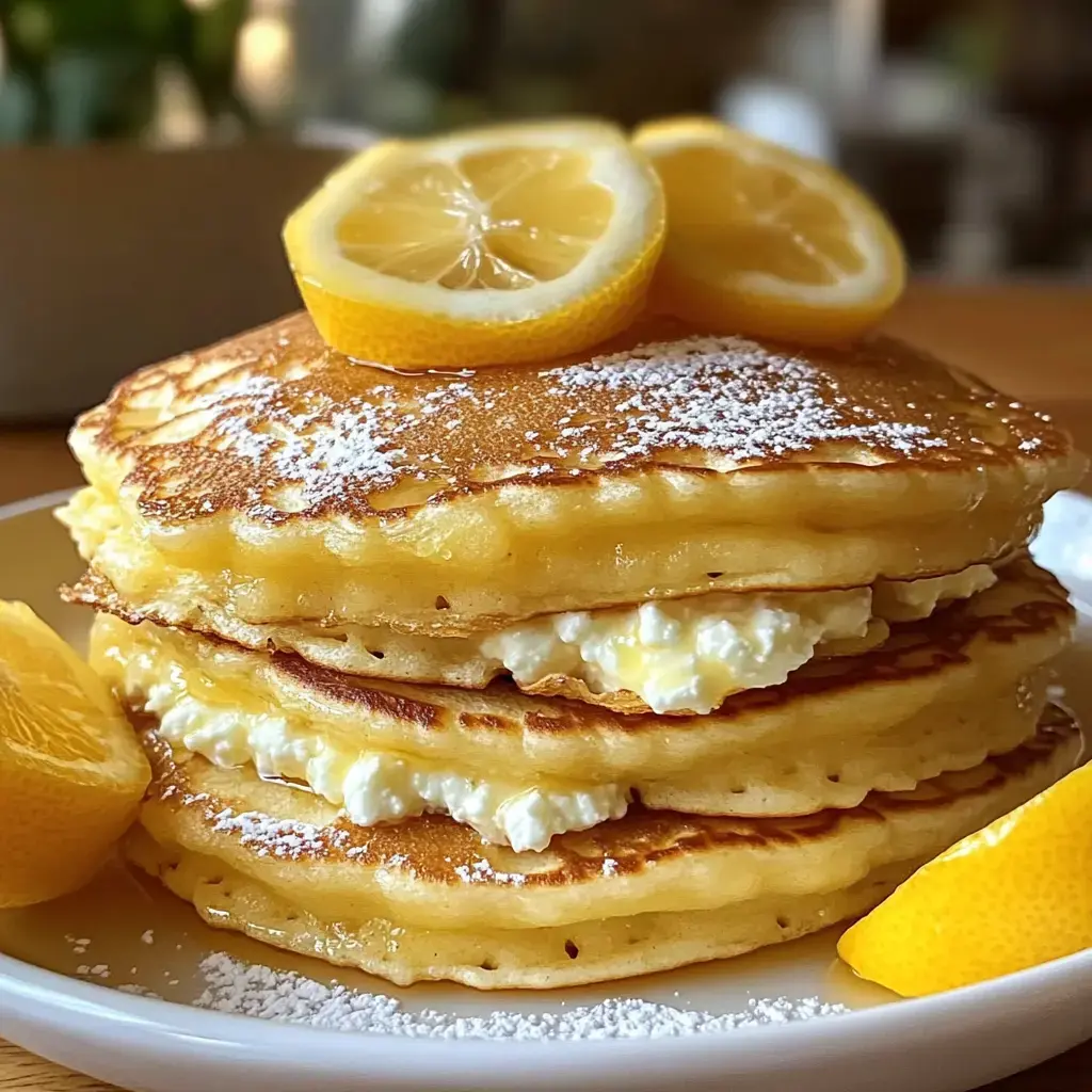 Ein Turm aus fluffigen Pfannkuchen mit Ricotta, getoppt mit Zitronenscheiben und Puderzucker.