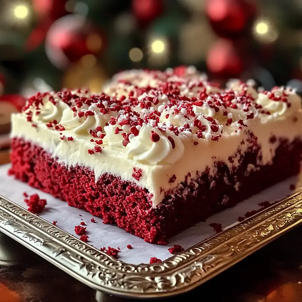 Ein rechteckiger roter Samtkuchen mit weißem Frosting und roten Streuseln, serviert auf einer Silberplatte vor funkeligem Hintergrund.
