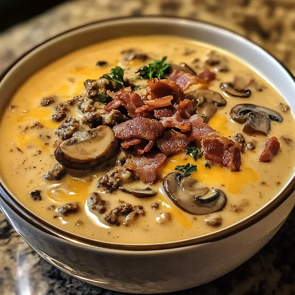 Eine cremige Suppe, garniert mit Speck, Hackfleisch, Pilzen und geriebenem Käse.