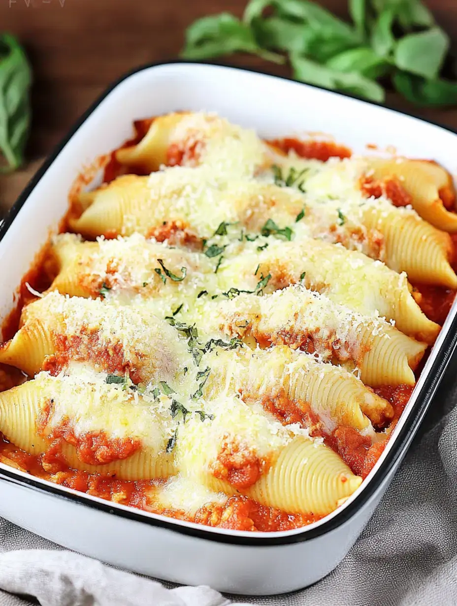 Eine Auflaufform mit gefüllten Pastahülsen, mit Käse und Kräutern bestreut, in reichhaltiger Tomatensoße gebacken.