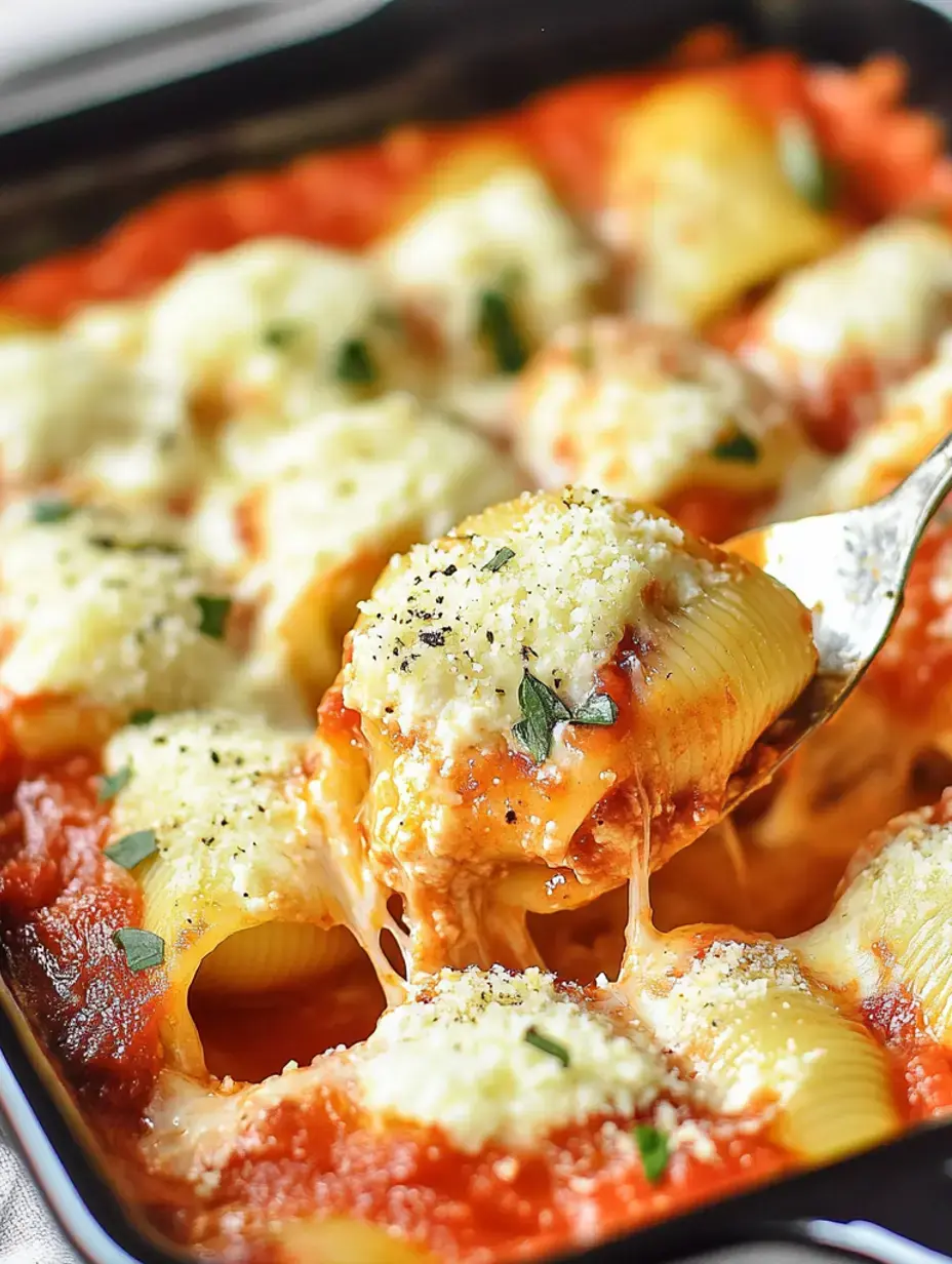 Eine Gabel hebt eine käsige gebackene Pastahülse mit Marinara-Soße und Kräutern aus einer Form mit weiteren Nudeln, Käse und Soße.