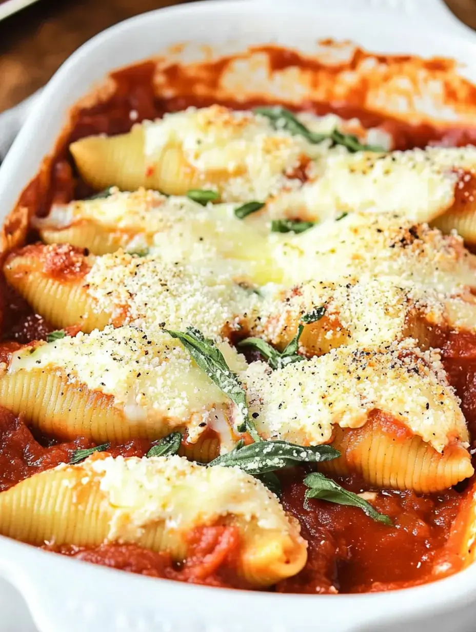 Eine Nahaufnahme von gebackenen Pastahülsen gefüllt mit Käse und Kräutern, bedeckt mit Marinara-Soße und bestreut mit geriebenem Käse.