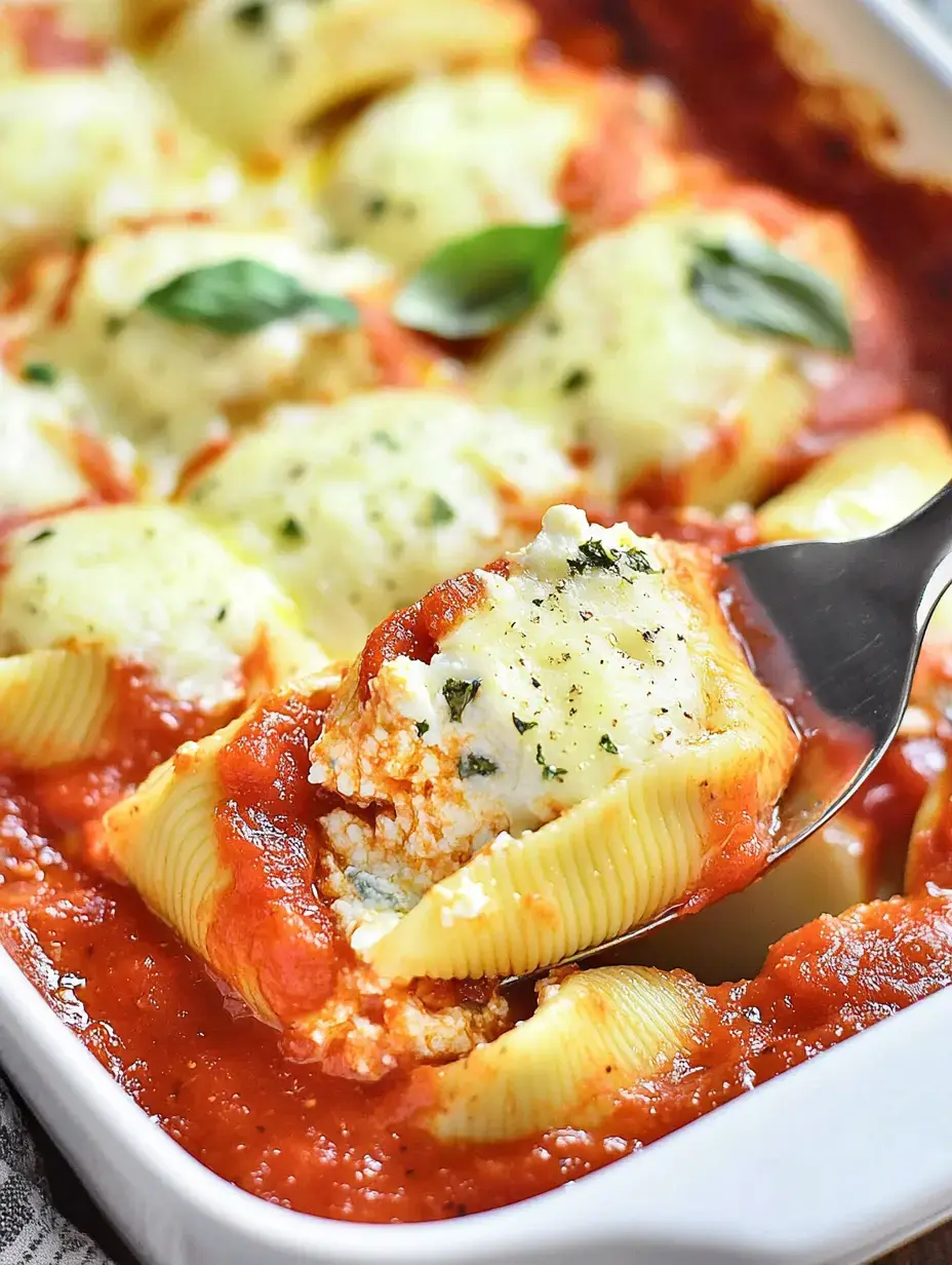 Eine Portion gefüllter Pastahülsen mit geschmolzenem Käse und Basilikum in Marinara-Soße.