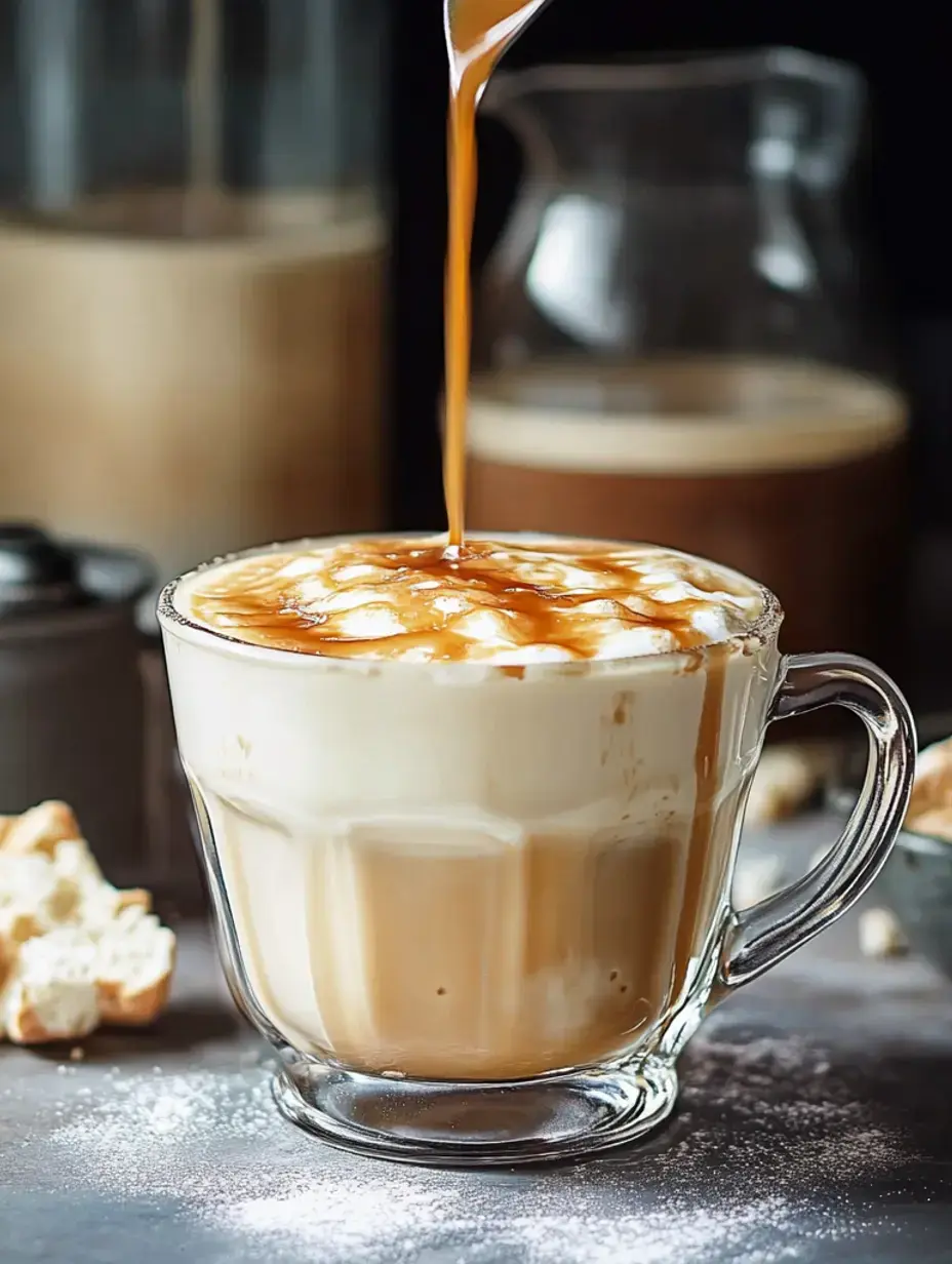 Eine Glastasse gefüllt mit cremigem Kaffee, gekrönt mit Schlagsahne und Karamellsoße, daneben Brotstückchen und ein verschwommener Hintergrund.
