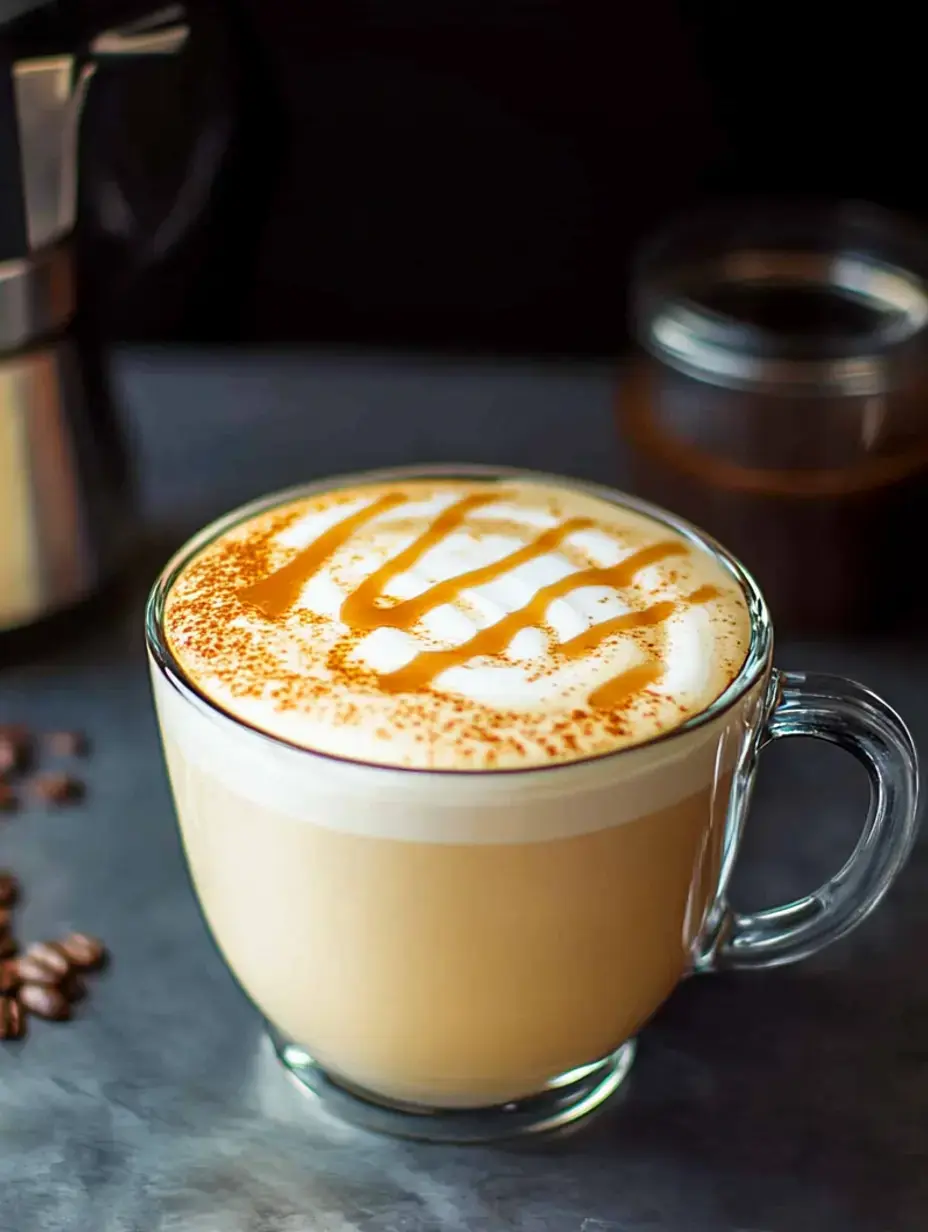 Eine Nahaufnahme einer Glastasse gefüllt mit cremigem Kaffee, garniert mit Schlagsahne und Karamellsoße, daneben Kaffeebohnen und eine Kaffeekanne im Hintergrund.
