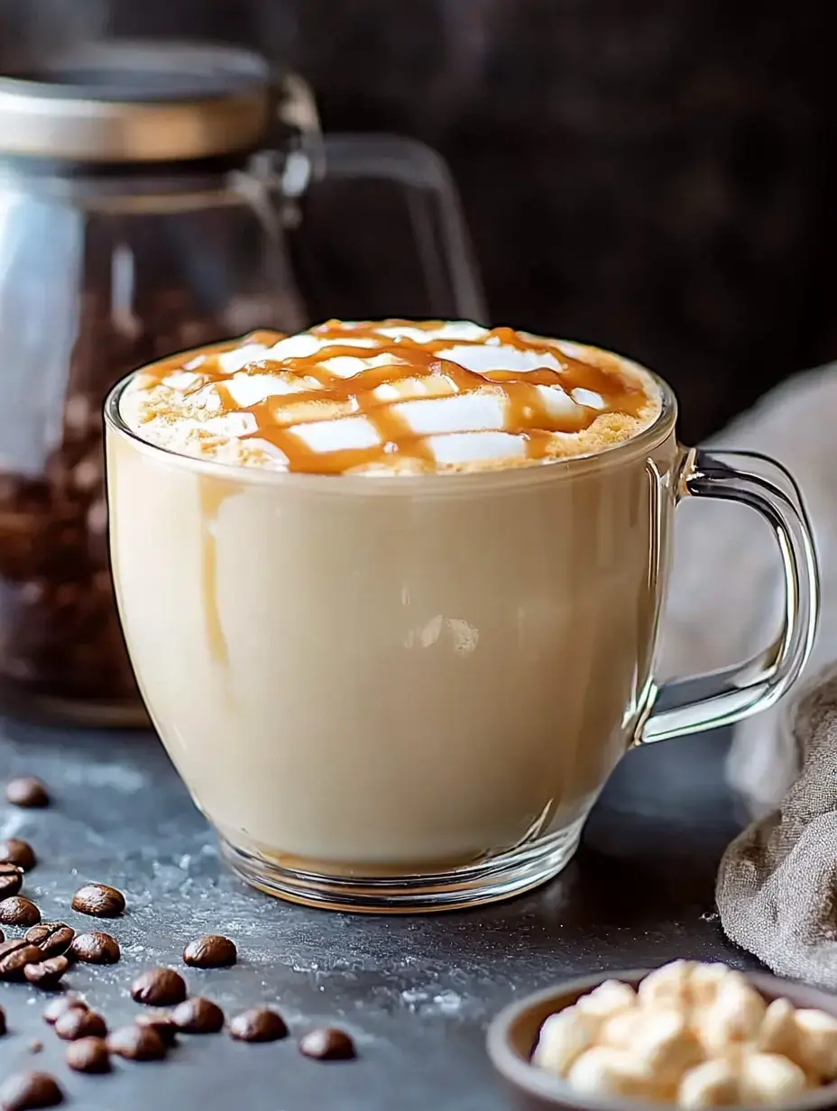 Eine Nahaufnahme eines Latte mit Schlagsahne und einem Karamellstreifen, platziert neben Kaffeebohnen und Popcorn.