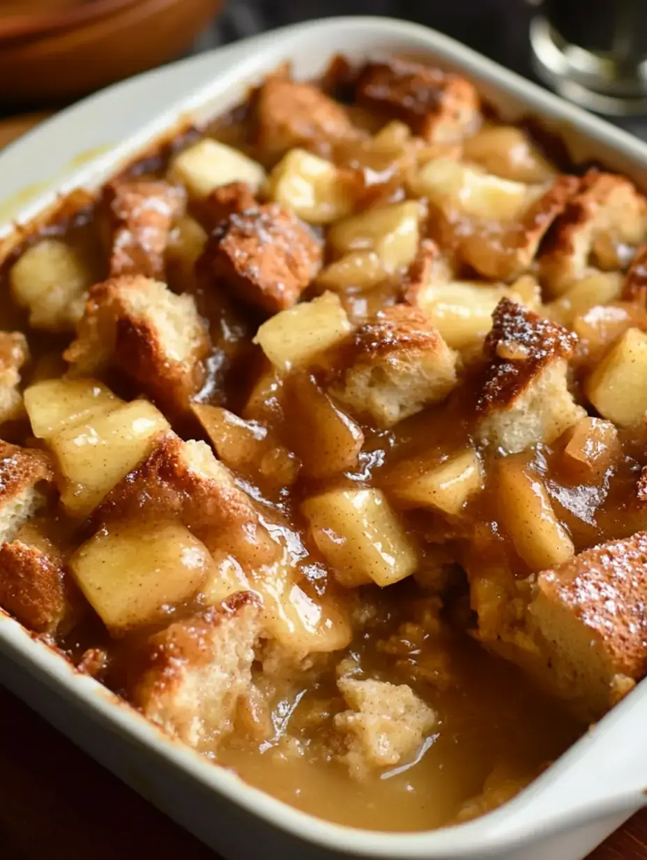 Eine Nahaufnahme eines warmen, gebackenen Apfel-Brotpuddings mit Apfelstücken und einer glänzenden Karamellsoße.