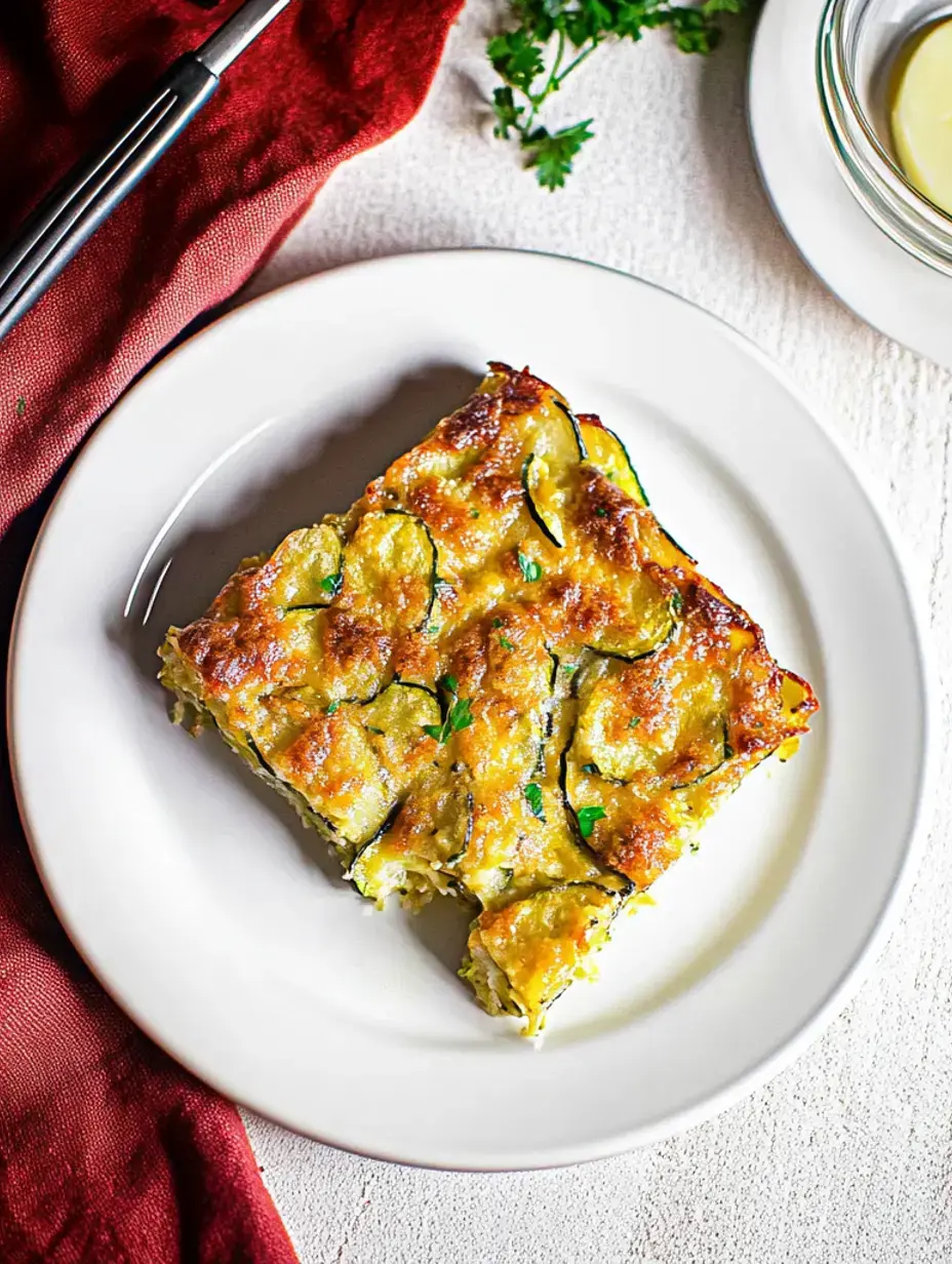 Ein Stück goldbraun gebackener Zucchiniauflauf mit Kräutern garniert, serviert auf einem weißen Teller neben einer roten Serviette.