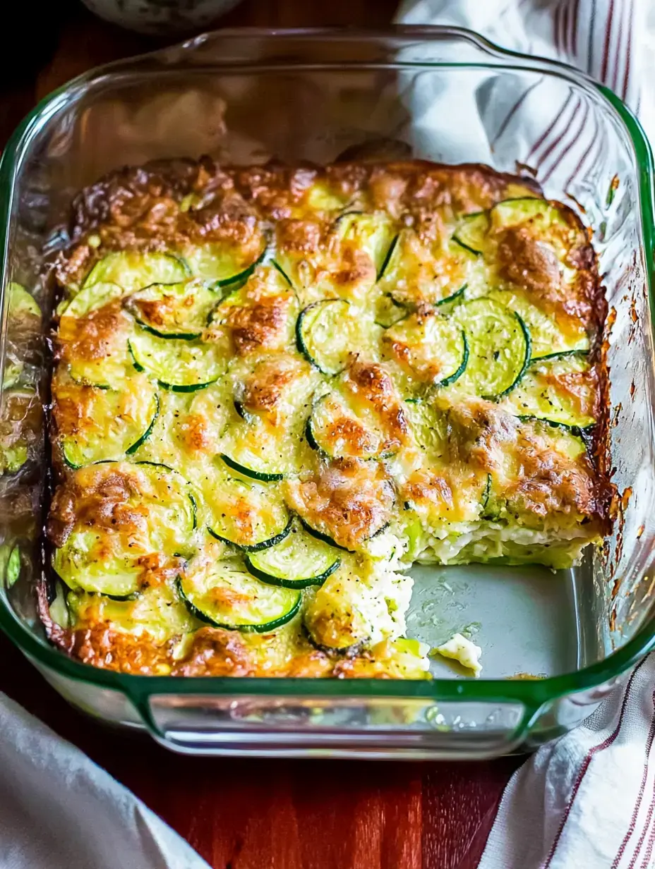 Eine Auflaufform mit Schichten aus Zucchini, überbacken mit geschmolzenem Käse in einer Glasbackform.
