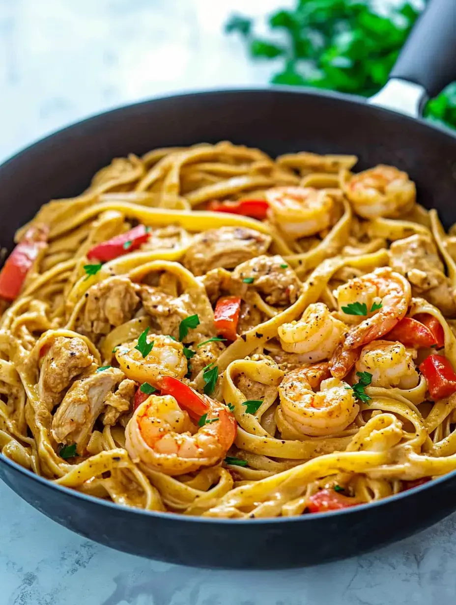 Eine Nahaufnahme einer Pfanne mit cremigen Fettuccine, Garnelen und Hähnchenstücken, garniert mit roter Paprika und Petersilie.