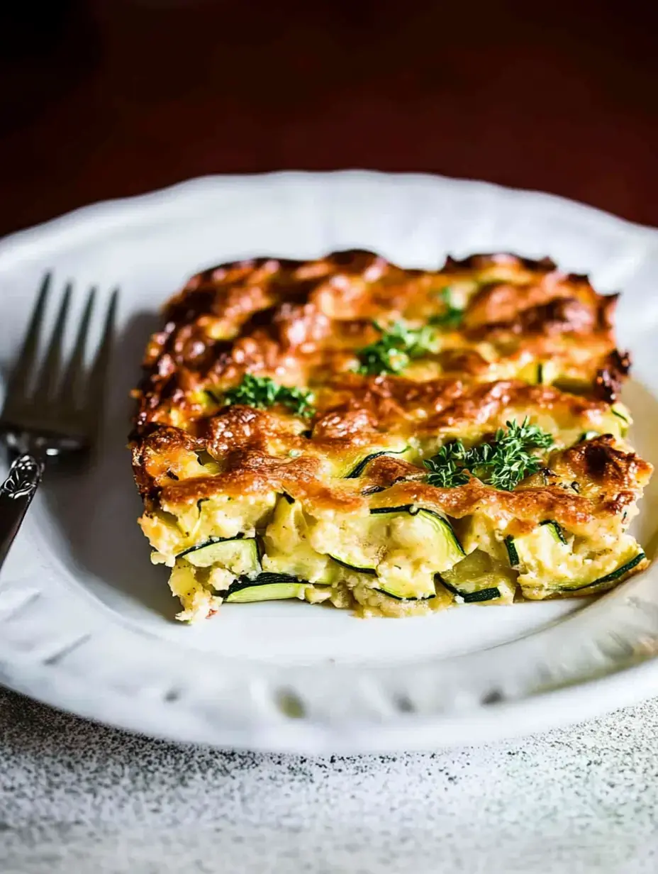Ein Stück gebackener Zucchiniauflauf liegt auf einem dekorativen weißen Teller, garniert mit Kräutern, daneben eine Gabel.