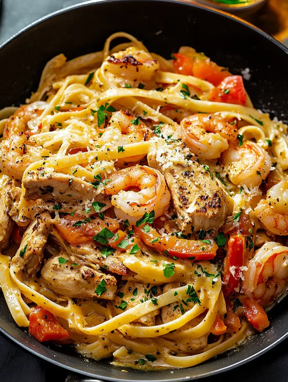 Eine Nahaufnahme einer Schüssel Fettuccine mit Garnelen, Hähnchen und Paprika, garniert mit Petersilie und geriebenem Käse.