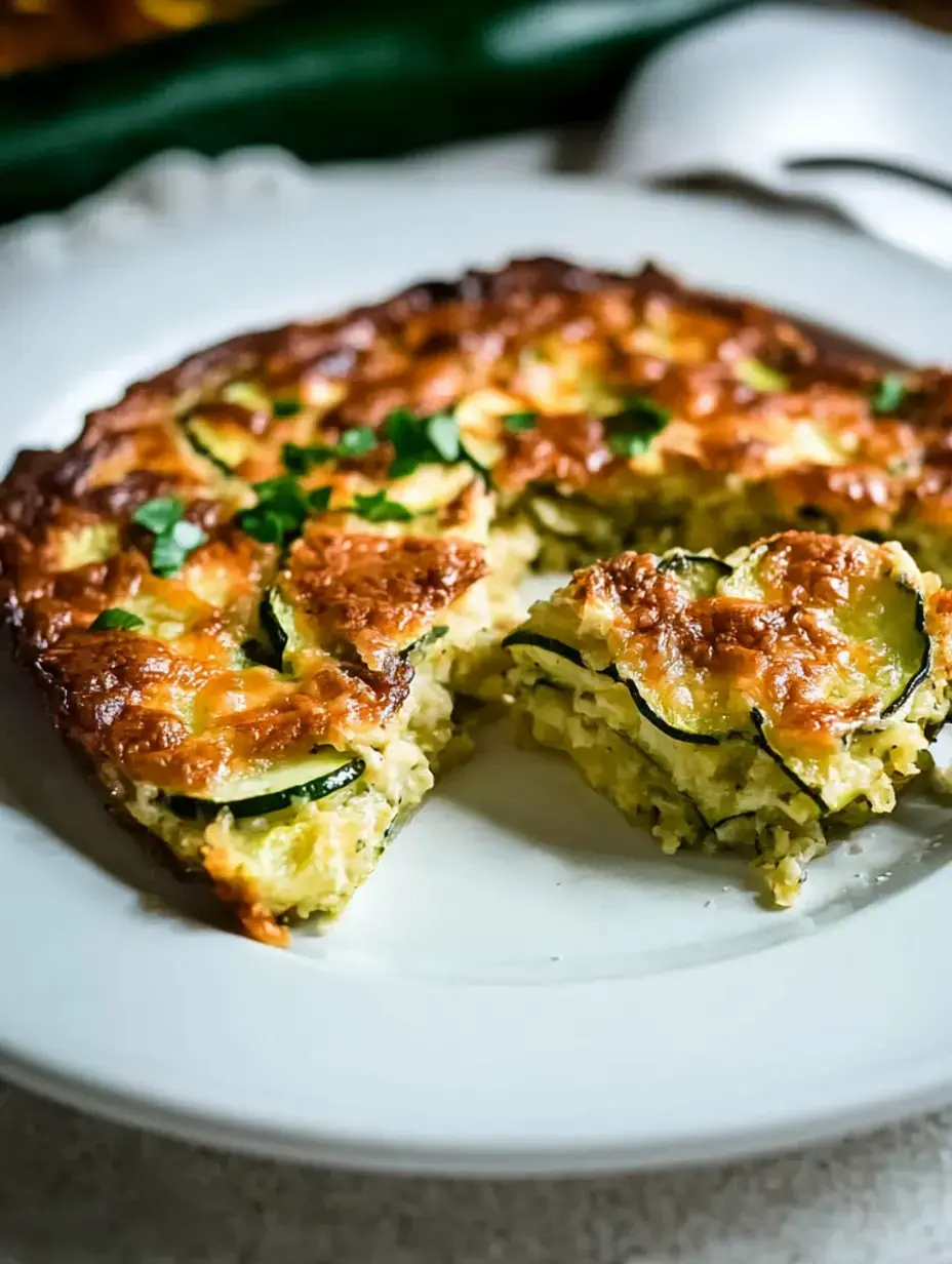 Ein Stück Zucchinifrittata mit frischer Petersilie garniert, serviert auf einem weißen Teller.