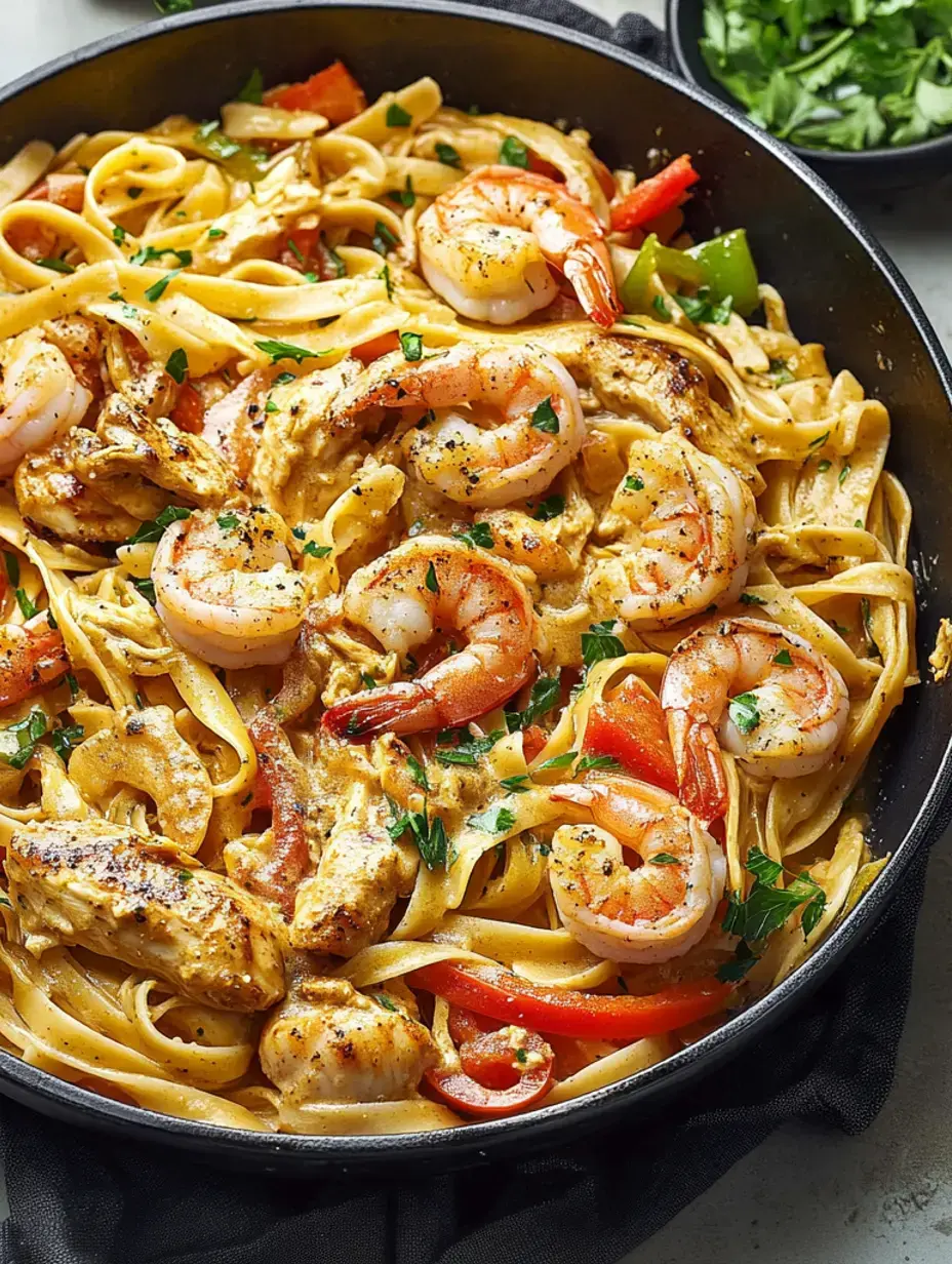 Ein cremiges Garnelen- und Hähnchen-Fettuccine-Gericht, garniert mit Petersilie und gemischter Paprika in einer schwarzen Pfanne.