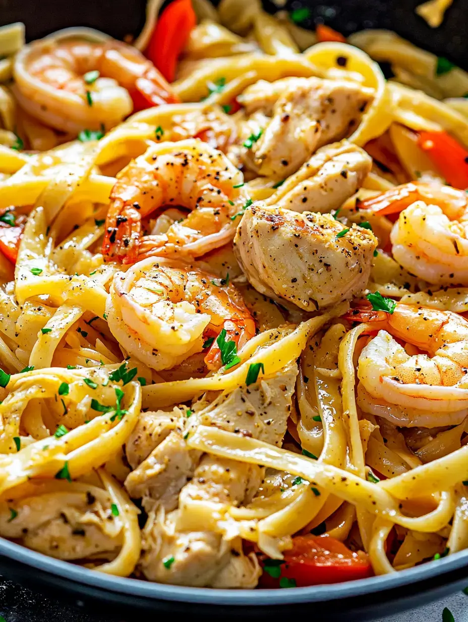 Eine Nahaufnahme eines leckeren Pastagerichts mit Fettuccine, Garnelen und Hähnchen, garniert mit Kräutern und roter Paprika.