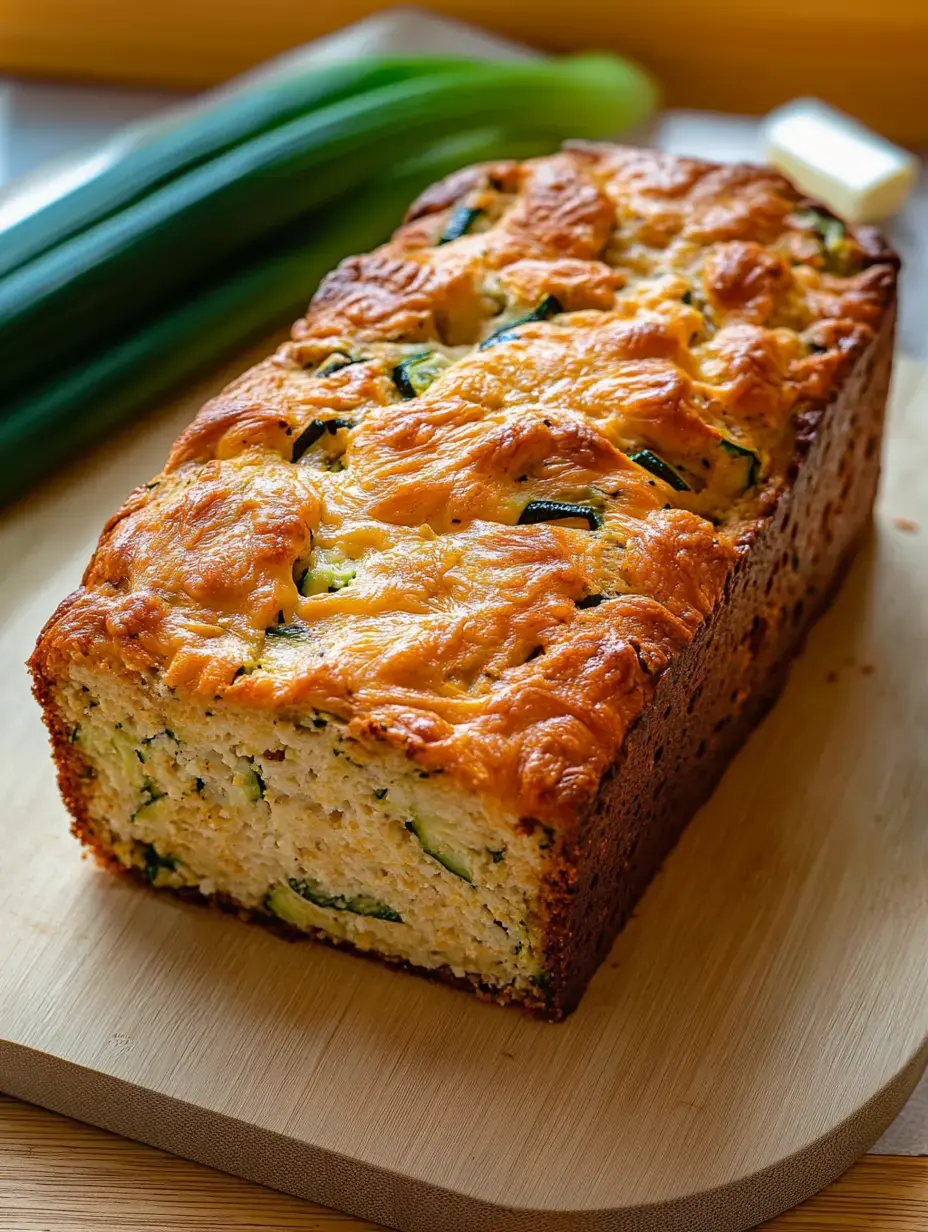 Ein frisch gebackenes Zucchinibrot liegt auf einem Holzbrett, mit Frühlingszwiebeln und einem Stück Butter im Hintergrund.