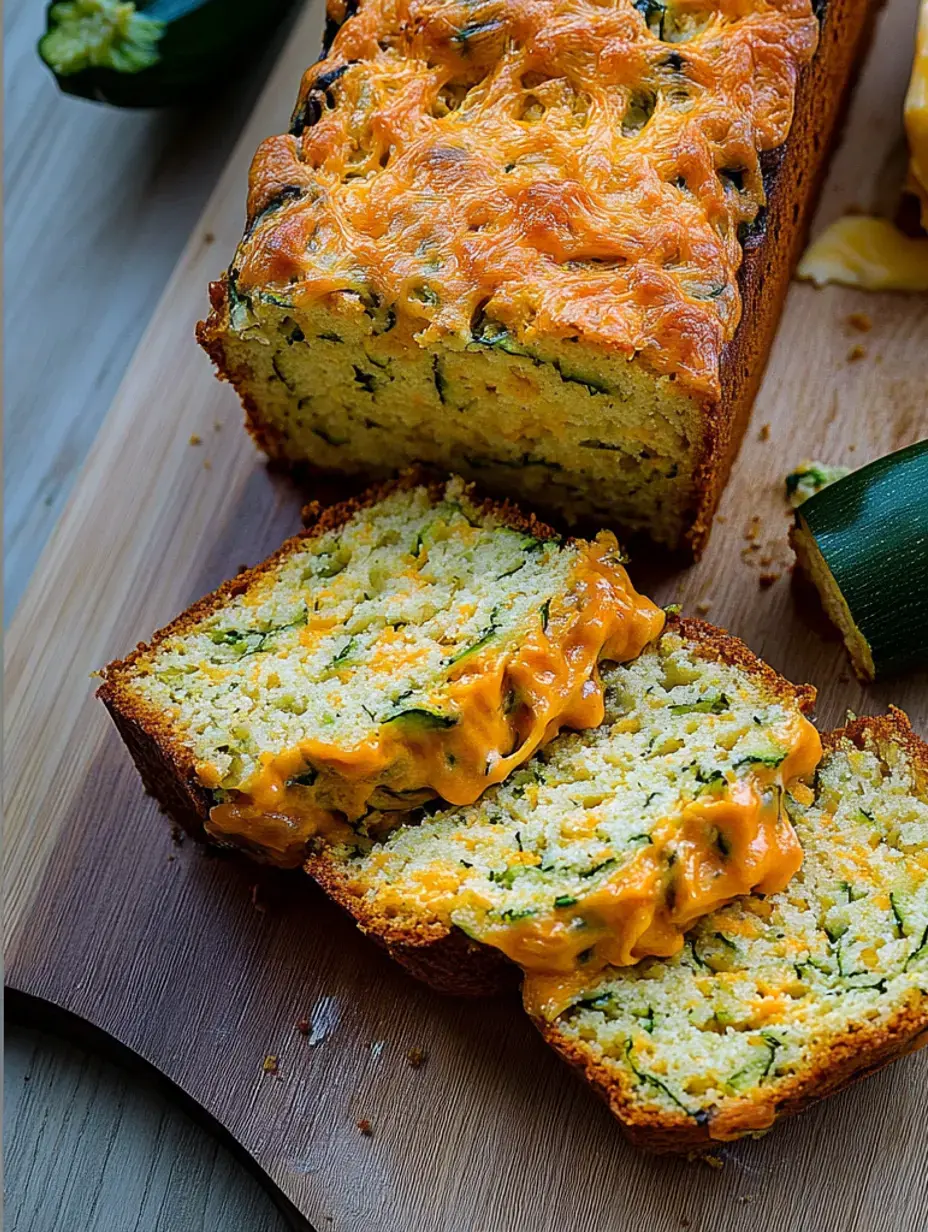 Ein frisch gebackenes Zucchinibrot mit geschmolzenem Käse obendrauf und einer Scheibe, die das saftige Innere zeigt, auf einem Holzbrett präsentiert.