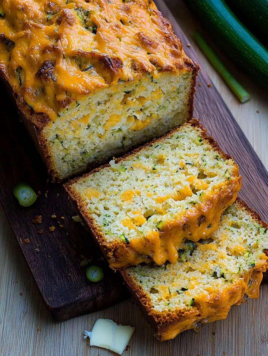 Ein aufgeschnittenes käsiges Zucchinibrot auf einem Holzbrett, mit Frühlingszwiebeln und einem Stück Butter daneben.