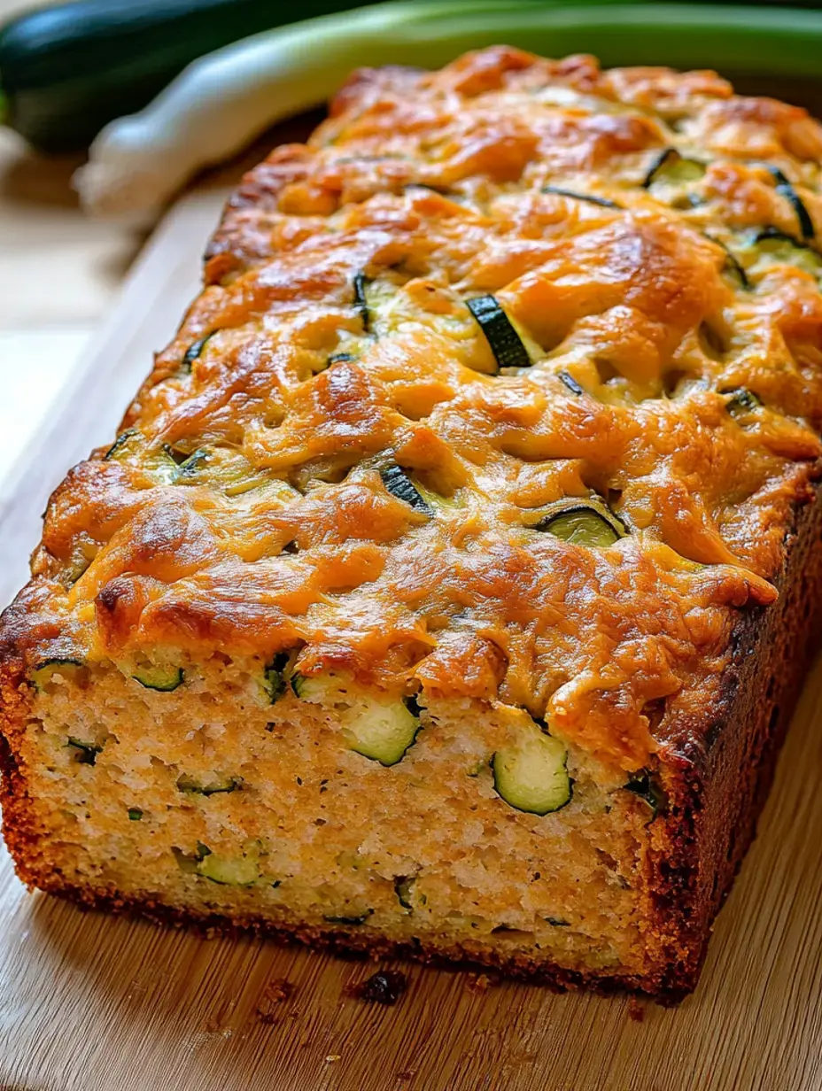 Ein frisch gebackenes Zucchinibrot mit goldener, käsiger Oberseite, auf einem Holzbrett präsentiert.