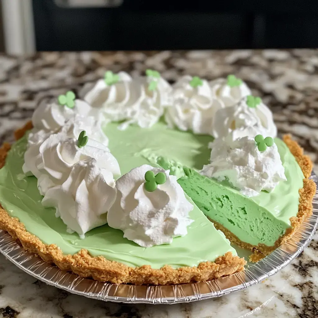 Ein grüner Kuchen mit Sahnehäubchen und hübschen grünen Kleeblättern, angeschnitten, auf einer Marmorplatte.