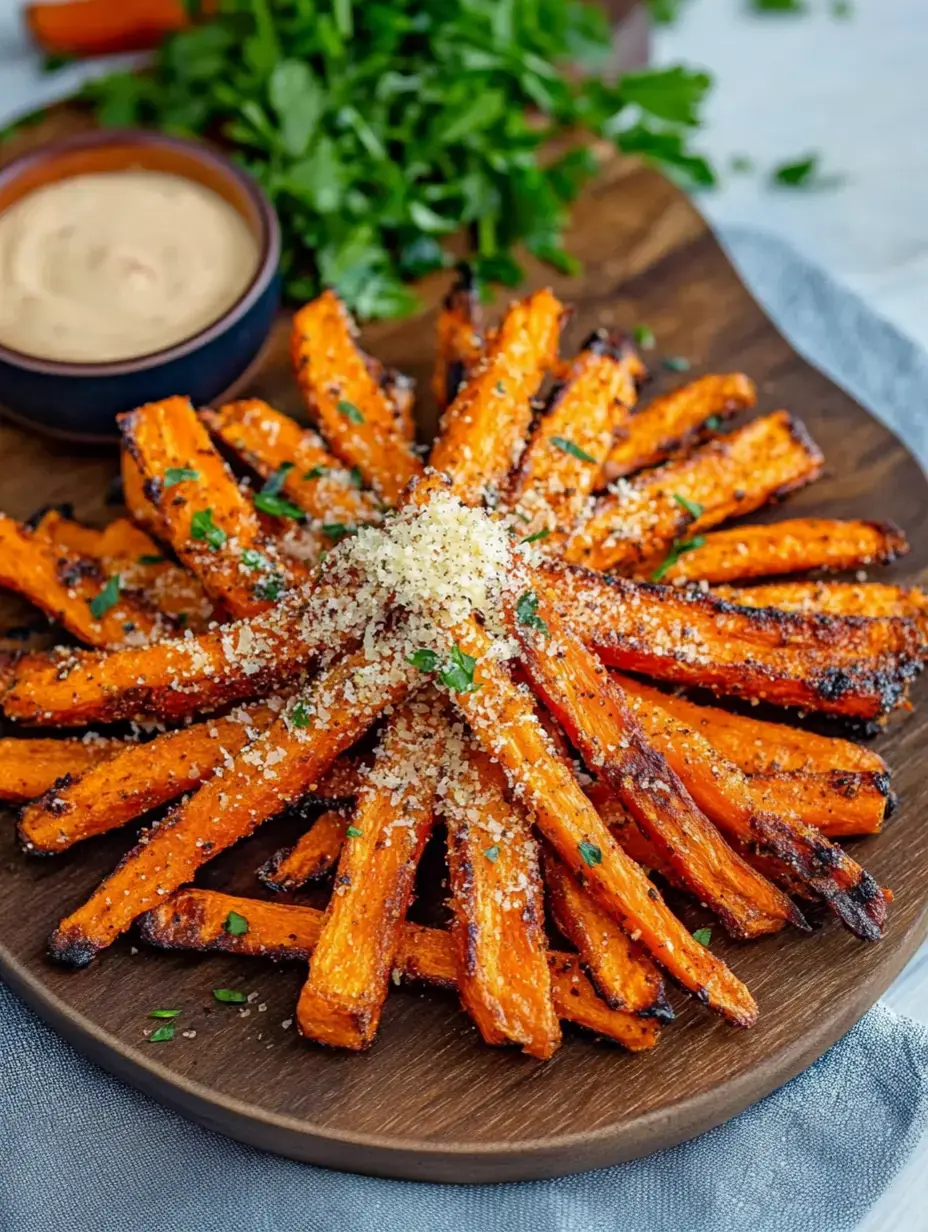 Ein Teller mit goldbraunen gerösteten Karottensticks, bestreut mit geriebenem Käse und Petersilie, dazu eine kleine Schale mit Dip-Sauce.