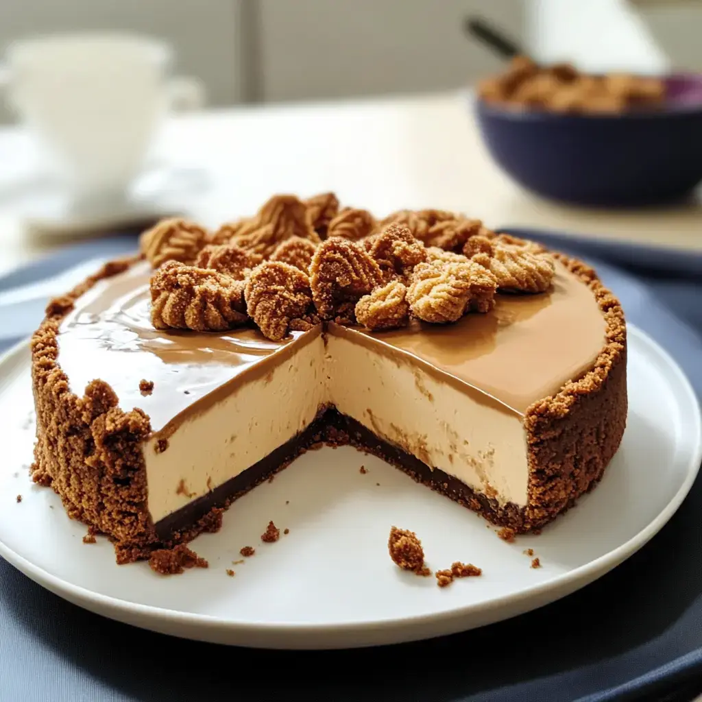 Eine cremige Torte mit Schokoschicht und knusprigem Boden, garniert mit kekslike Deko, angeschnitten auf einem weißen Teller.
