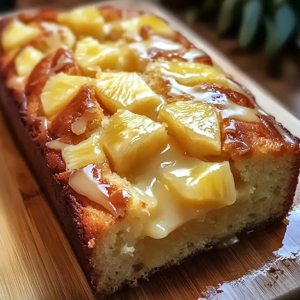 Ein köstlicher Ananaskuchen mit Ananasstückchen und glänzendem Guss, angeschnitten auf einem Holzbrett.
