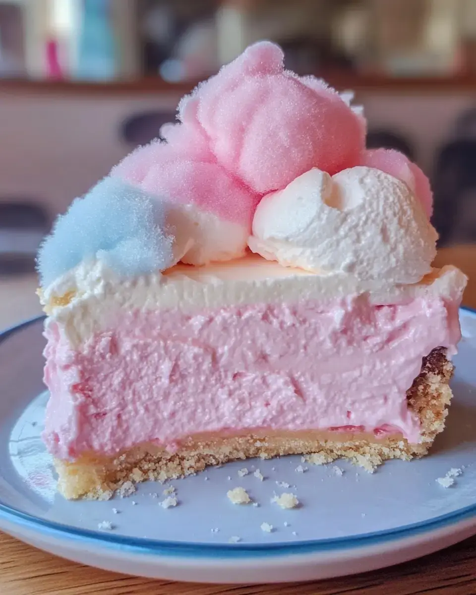 Ein Stück rosa-weißer cremiger Torte mit flockiger Zuckerwatte steht auf einem Teller.