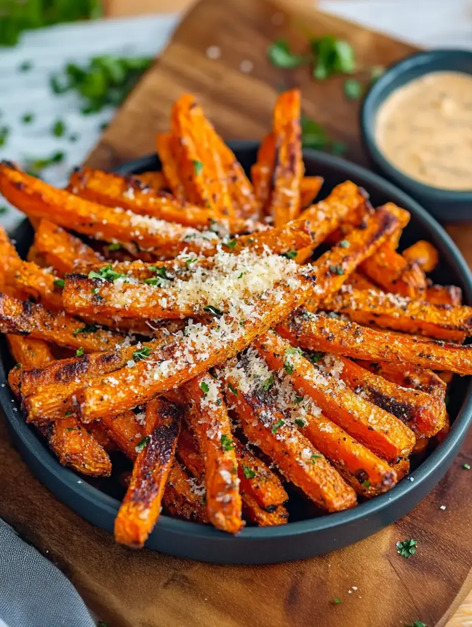 Nahaufnahme einer Schüssel mit knusprigen orangefarbenen Süßkartoffelsticks, bestreut mit geriebenem Parmesan und frischen Kräutern, daneben eine kleine Dip-Sauce.