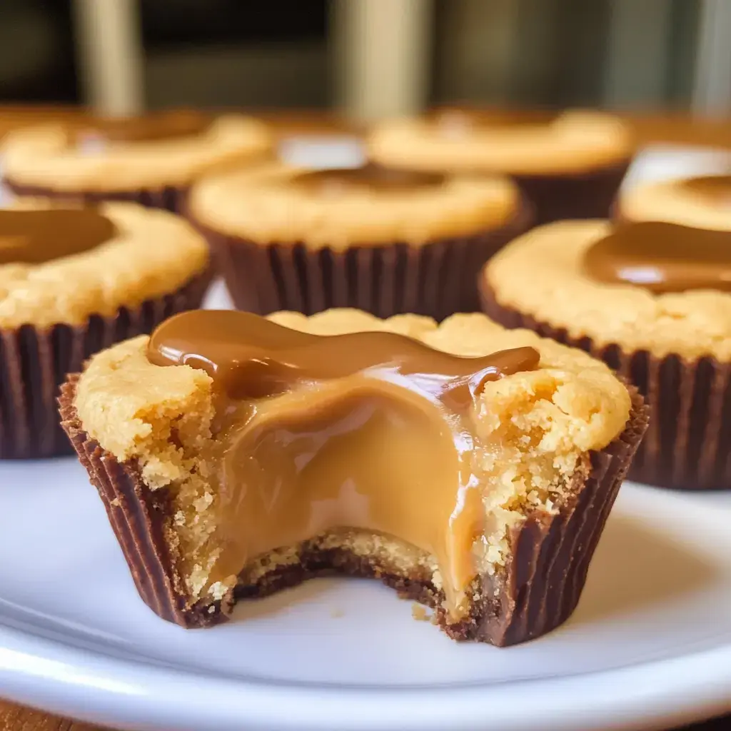 Nahaufnahme: Ein Cookie Cup mit geschmolzener Karamellfüllung und Schoko-Drizzle, im Hintergrund stehen noch mehr davon.