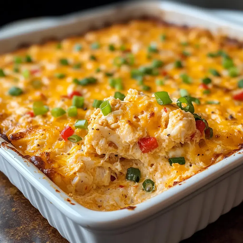 Ein cremiger, überbackener Auflauf mit geschmolzenem Käse, dazu Frühlingszwiebeln und rote Paprika als Topping.