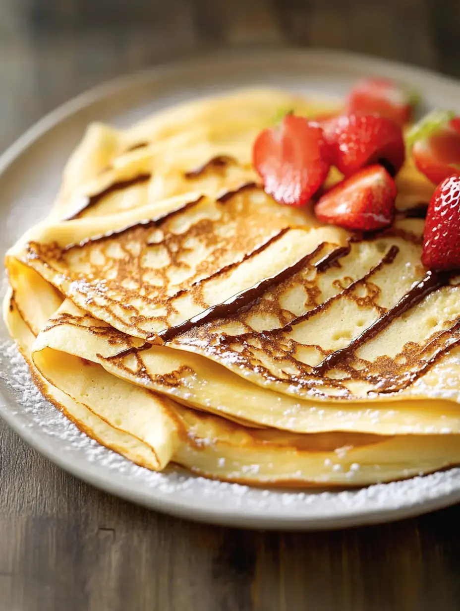 Ein Stapel goldener Crêpes ist mit frischen Erdbeeren garniert und mit Puderzucker auf einem grauen Teller bestäubt.