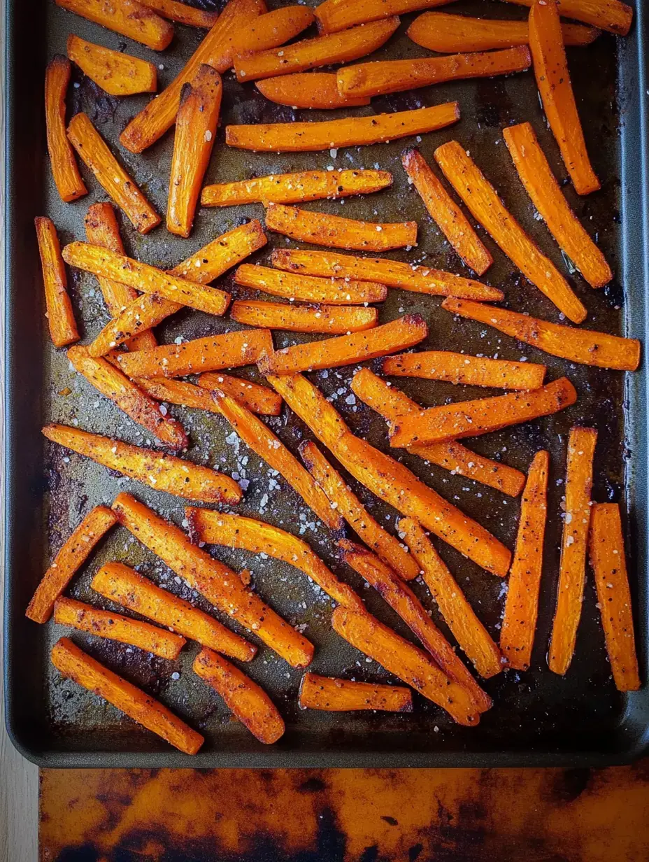 Ein Blech mit gerösteten orangefarbenen Karotten, leicht mit Salz und Pfeffer bestreut, auf einem Backblech angerichtet.
