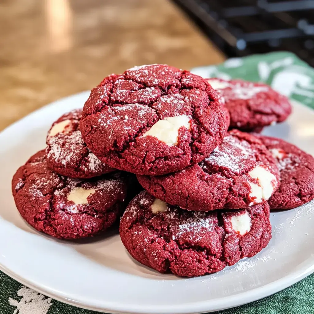 Ein Teller mit roten Samt Cookies und weißen Schokostückchen, dick mit Puderzucker bestäubt, aufgestapelt.