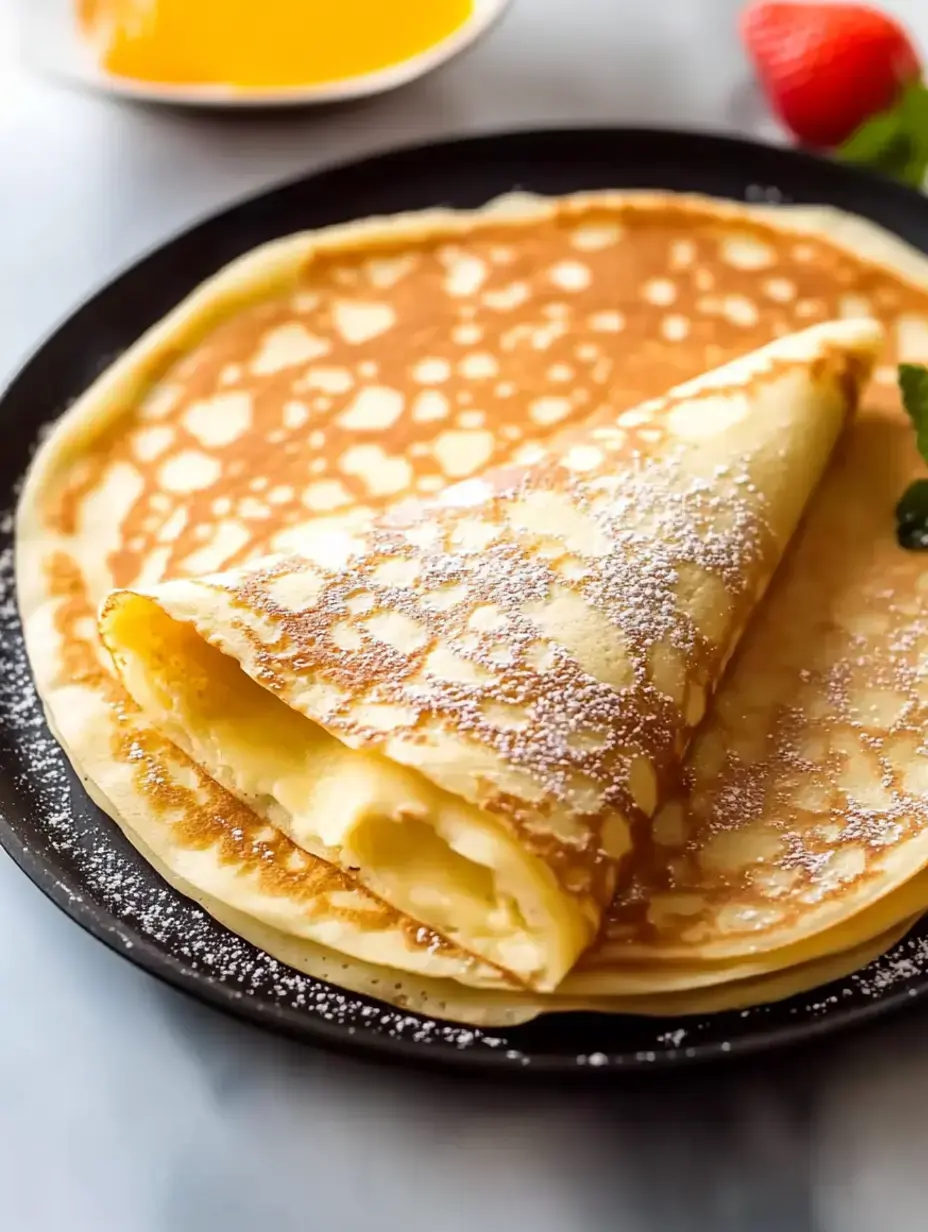 Ein Teller mit dünnen, gefalteten Pfannkuchen, mit Puderzucker bestreut und begleitet von einer kleinen Schüssel Sirup und frischen Erdbeeren.