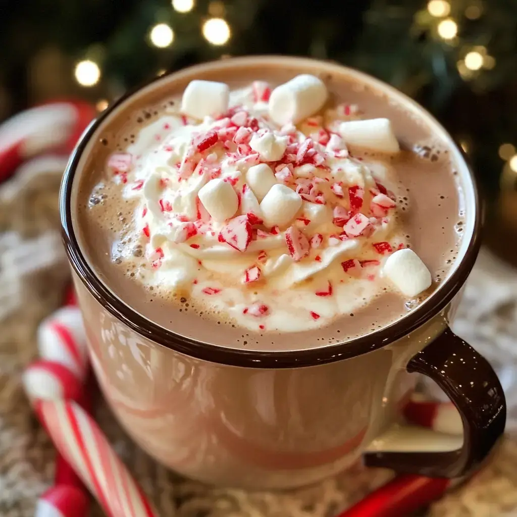 Eine heiße Schokolade im Becher, oben mit Sahne, Marshmallows und zerstoßenen Zuckerstangen dekoriert, rundherum liegen bunte Zuckerstangen.