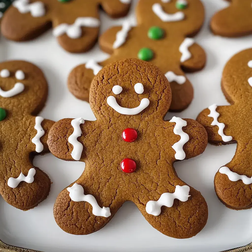 Aus nächster Nähe verzierte Lebkuchenmännchen mit weißem Zuckerguss und roten sowie grünen Deko-Details.
