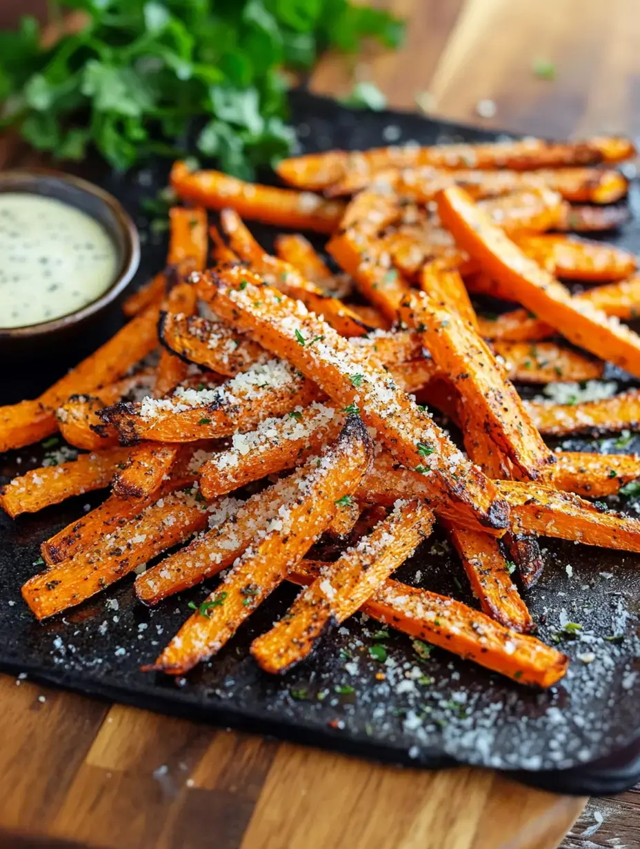 Ein Teller mit knusprigen orangefarbenen Karottensticks, bestreut mit geriebenem Käse und serviert mit einer kleinen Schale Dip-Sauce.