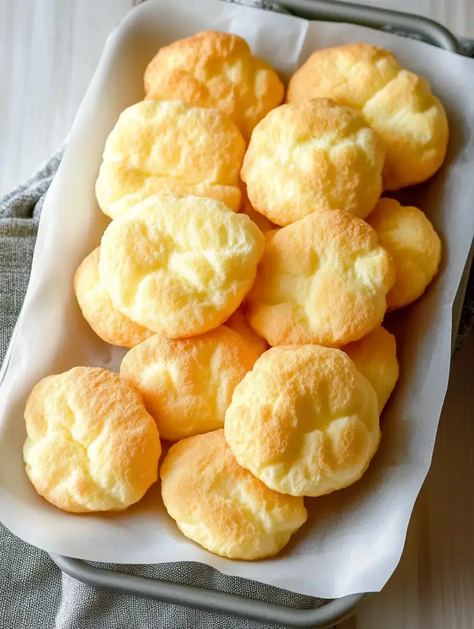 Ein Blech mit fluffigen, goldbraunen Backwaren, die kleinen Wolken ähneln, steht auf einer grauen Oberfläche.