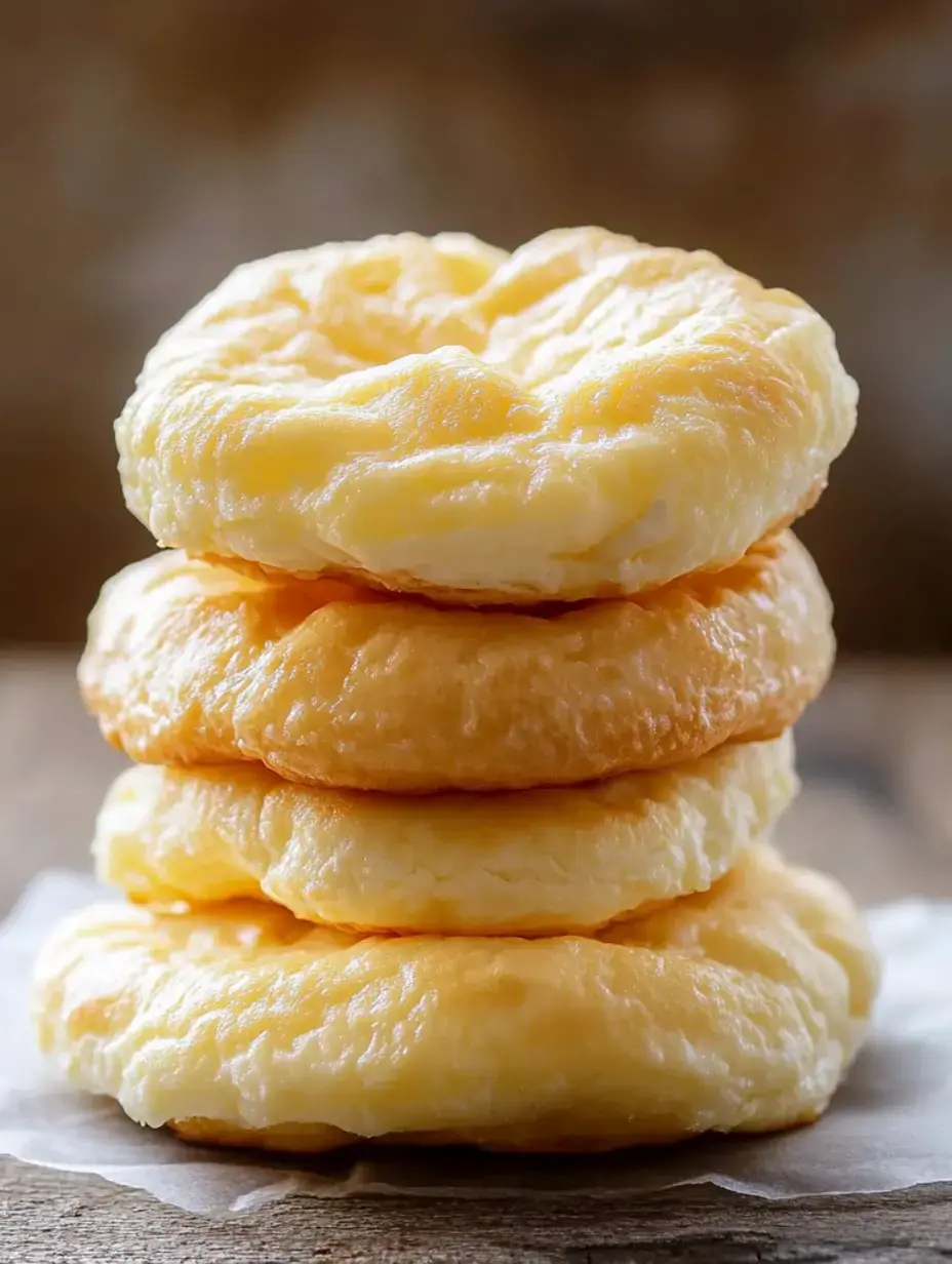 Ein Stapel von vier fluffigen kohlenhydratarmen Bagels auf einer Holzfläche.