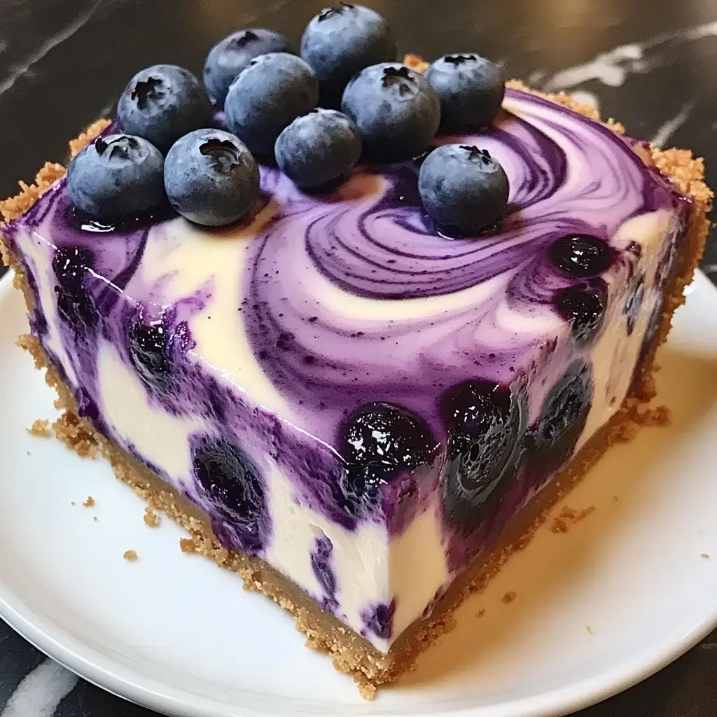 Ein Stück Heidelbeer-Whirl-Käsekuchen auf einem weißen Teller, getoppt mit frischen Heidelbeeren.