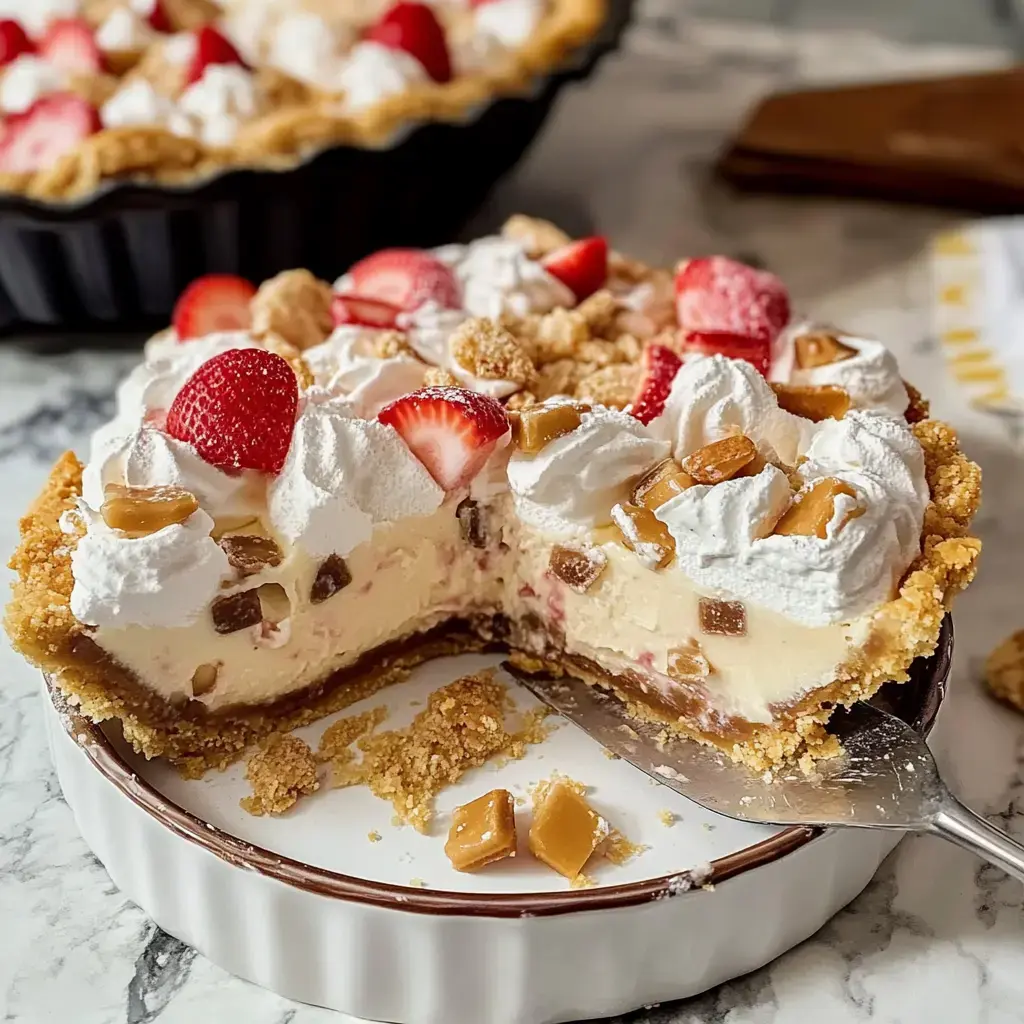 Eine angeschnittene Erdbeer-Sahne-Torte mit Sahnetuff und Karamellstückchen dekoriert, präsentiert auf Marmor.