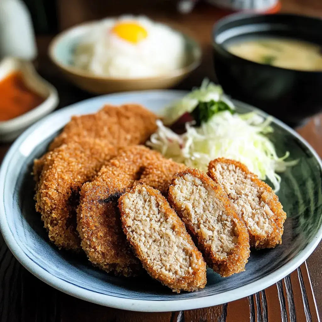 Ein Teller mit knusprig frittierten Schnitzeln, serviert mit fein geschnittenem Kohl, einer Schale Misosuppe und Reis mit Eigelb obendrauf.