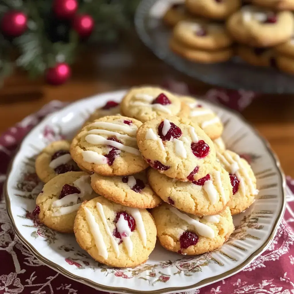 Ein Teller mit frisch gebackenen Keksen, goldbraun, mit Cranberry-Füllung und weißer Glasur, serviert auf einer geblümten Platte.