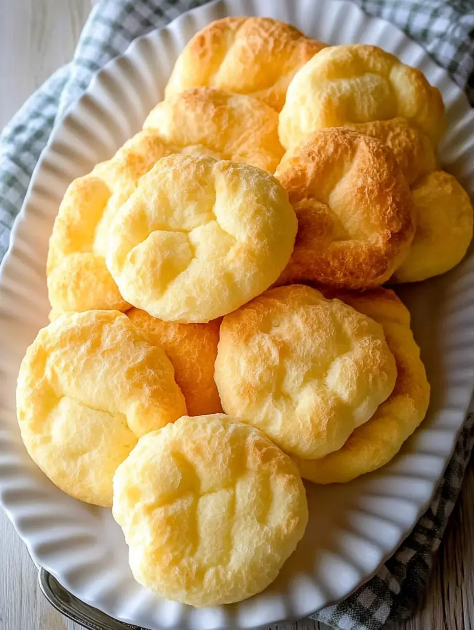 Eine Platte mit verschiedenen goldbraunen, fluffigen Wolkenbrot-Brötchen.