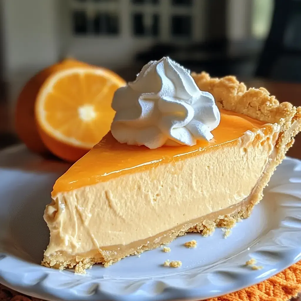 Ein Stück cremiger Orangenkuchen mit Sahne obendrauf, im Hintergrund eine halbierte Orange.