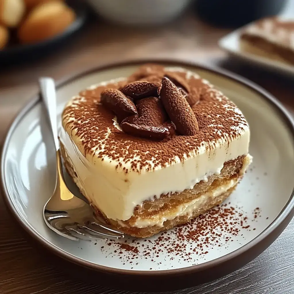 Ein Stück Tiramisu mit Kakao und Schokodeko auf einem Teller mit Gabel serviert.